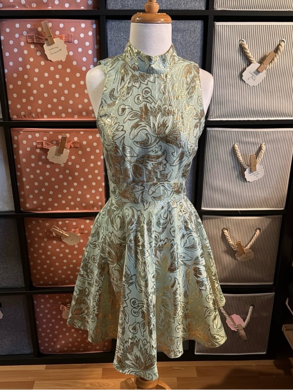 Miss Selfridge Mint & Gold Jacquard Fit-and-Flare Mini Dress